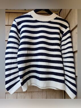 ba&sh Sunday Glittery Navy and Cream Striped Sweater, Size 4
